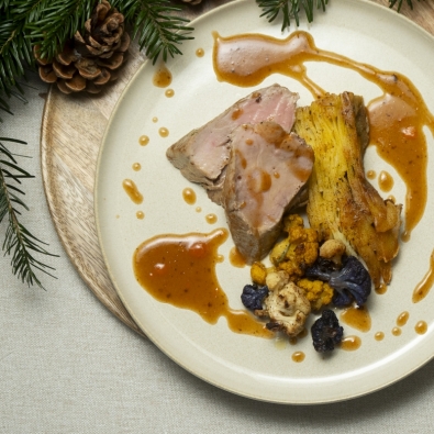 Filet mignon de porc, sauce pomme cidre et présse de pomme d